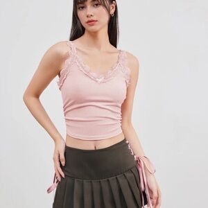 Cider V-NECK BOWKNOT LACE Ribbed CAMI CROPPED Sz 2XL Lace Lined 90s Y2K style